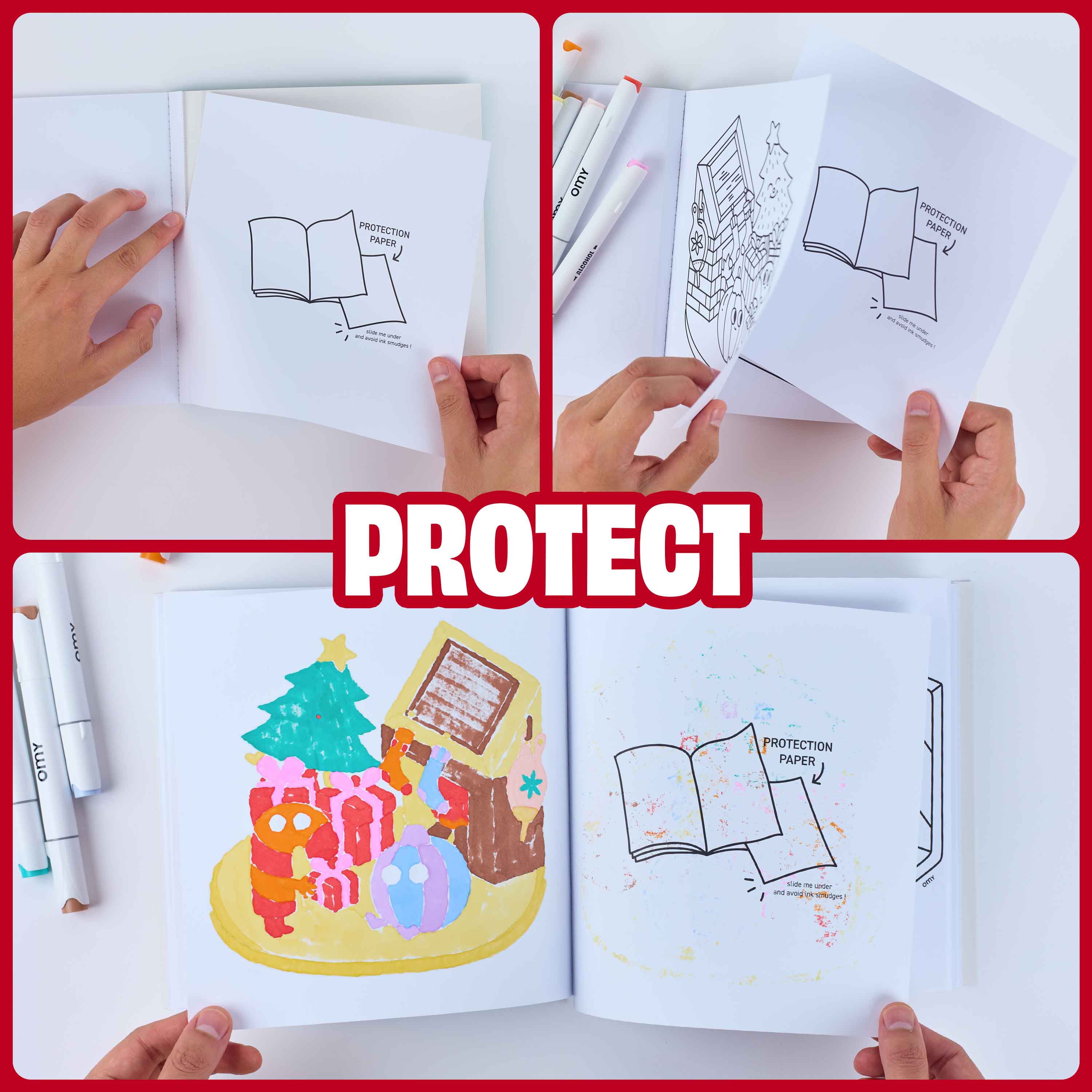 Feuille de protection du carnet Cozy Art Christmas OMY pour éviter les transferts de feutres